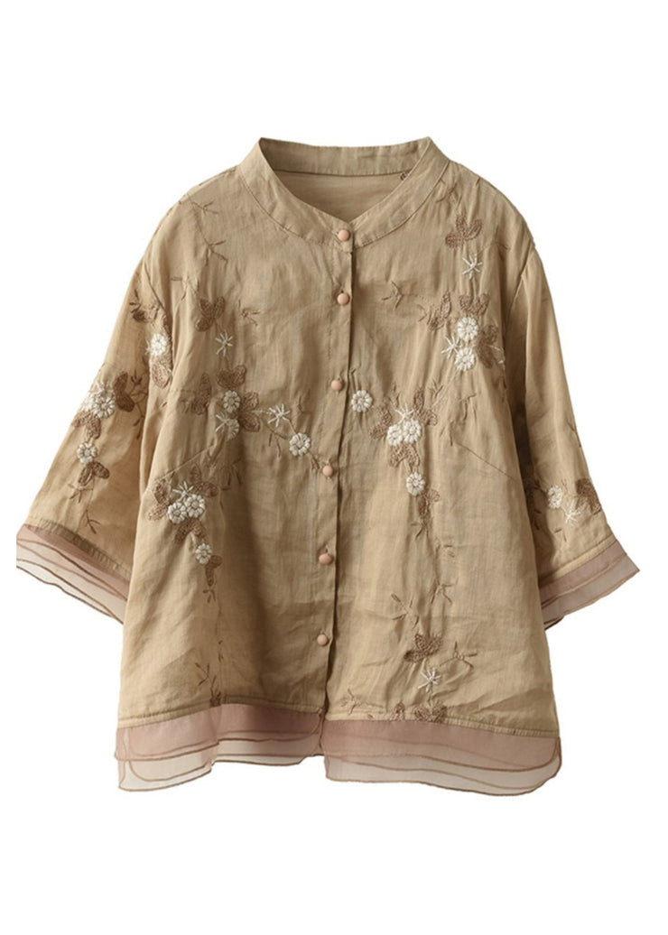 New Light Khaki Embroideried Button Patchwork Linen Shirts Half Sleeve