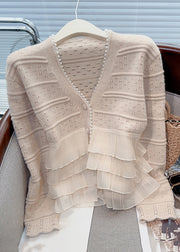 New Light Khaki Ruffled Pearl Patchwork Knit Cardigan Spring