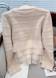 New Light Khaki Ruffled Pearl Patchwork Knit Cardigan Spring