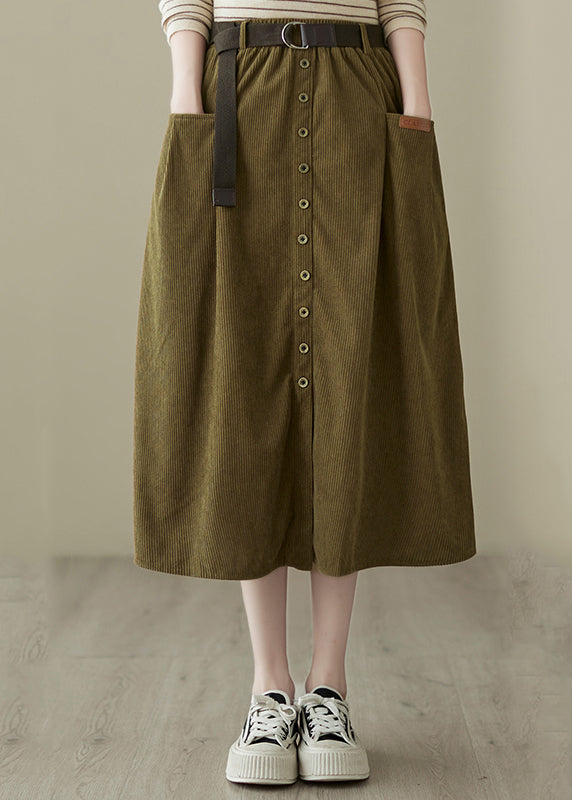 New Mustard Green Pockets Elastic Waist Corduroy Skirts Spring