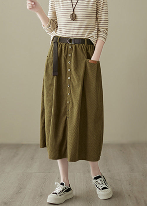 New Mustard Green Pockets Elastic Waist Corduroy Skirts Spring