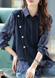 New Navy Asymmetrical Print False Two Pieces Cotton Blouses Spring