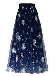 New Navy Embroidered Sequins High Waist Tulle Skirts Summer