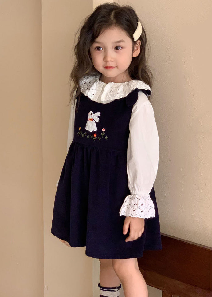 New Navy Embroideried Lace Patchwork Corduroy Girls Two Pieces Set Fall