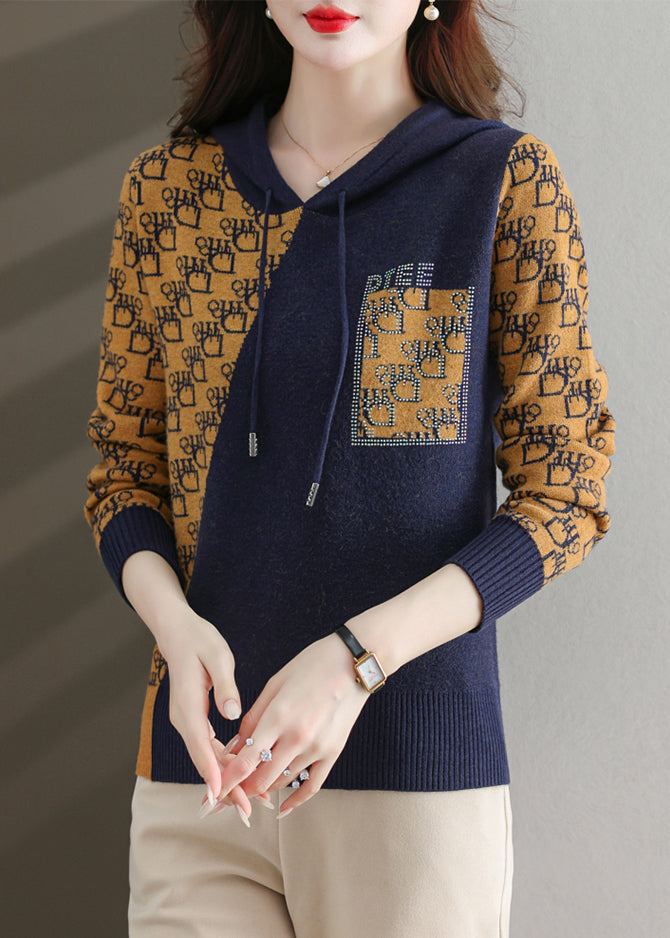 New Navy Hooded Print Patchwork Cotton Knit Top Long Sleeve