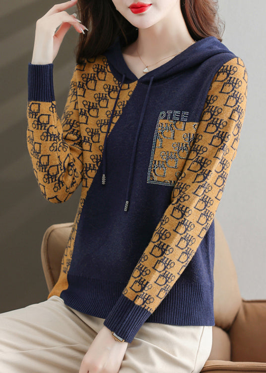 New Navy Hooded Print Patchwork Cotton Knit Top Long Sleeve