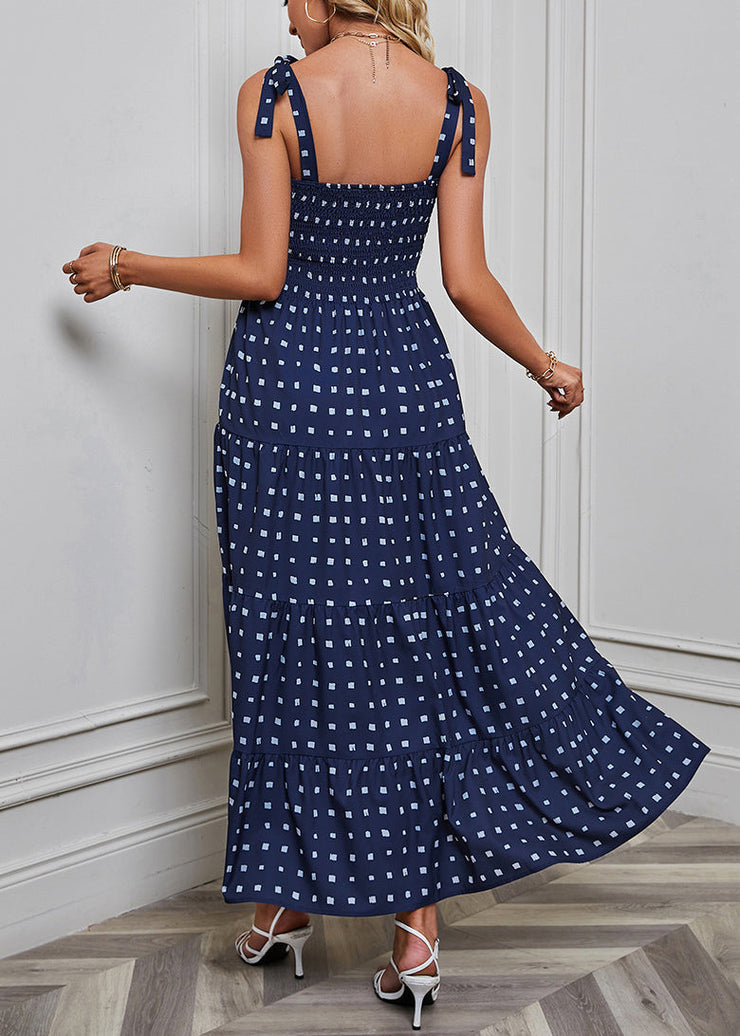 New Navy Lace Up Dot Cotton Spaghetti Strap Dress Sleeveless