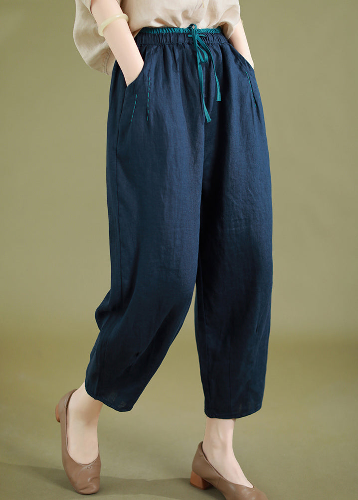 New Navy Lace Up Pockets Elastic Waist Linen Crop Pants