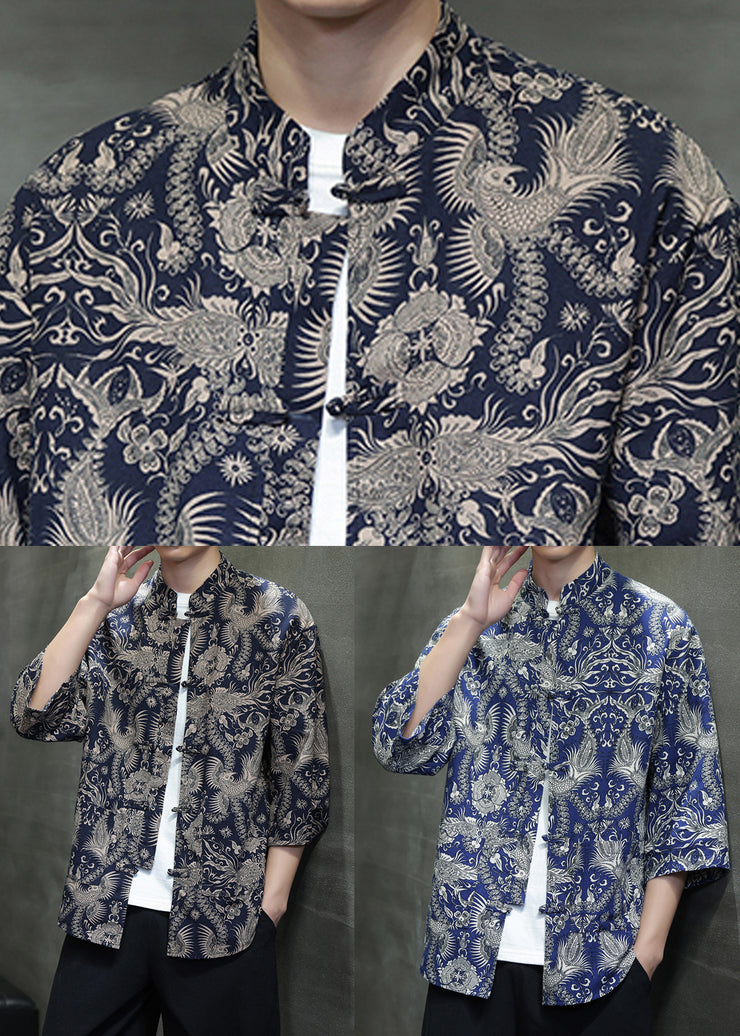 New Navy Stand Collar Print Button Linen Men Shirts Summer