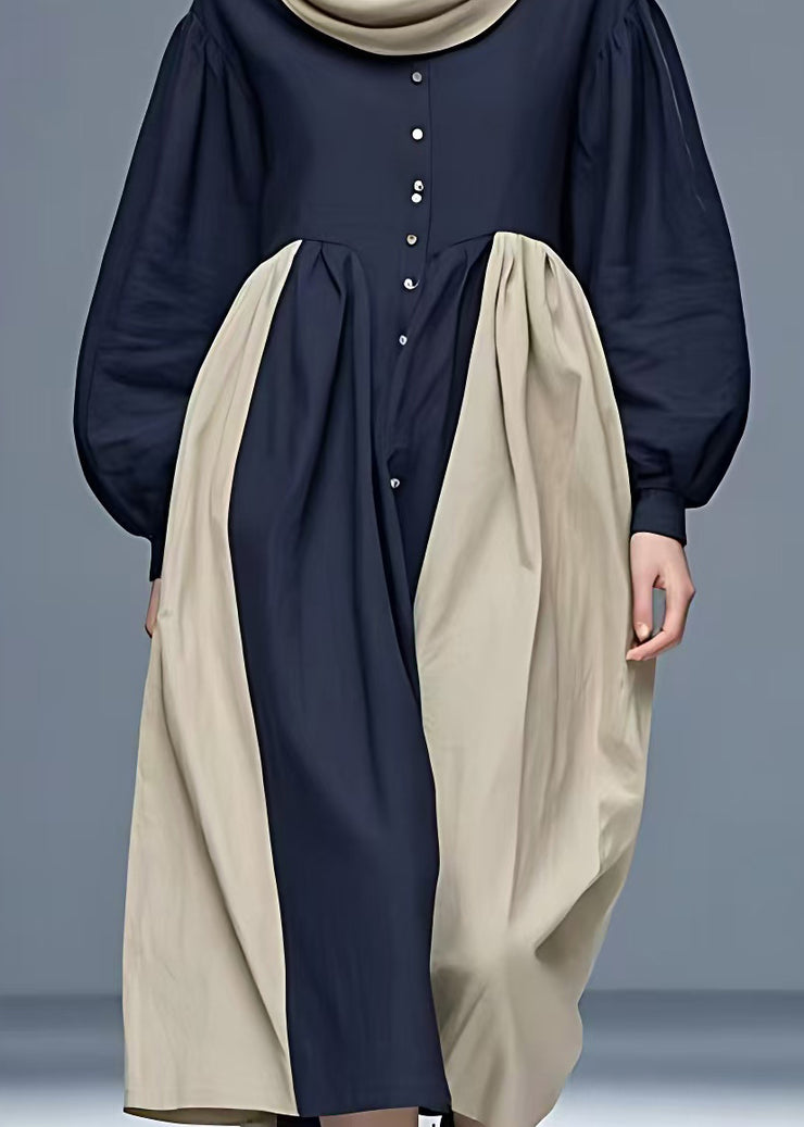 New Navy Turtleneck Patchwork Cotton Long Dresses Fall