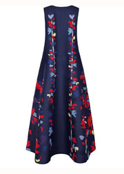 New Navy V Neck Print Chiffon Long Dress Sleeveless