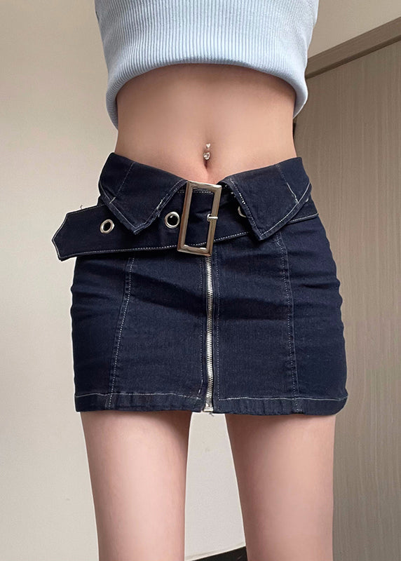 New Navy Zip Up Sashes Patchwork Denim Skirts Summer