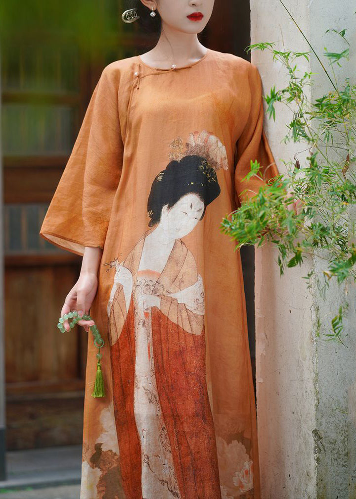 New Orange Button Print Cotton Maxi Dresses Bracelet Sleeve