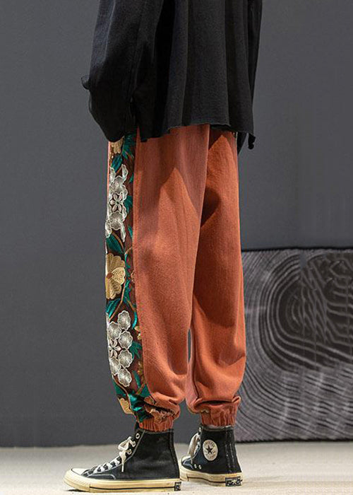 New Orange Embroideried Elastic Waist Cotton Men Beam Pants Fall