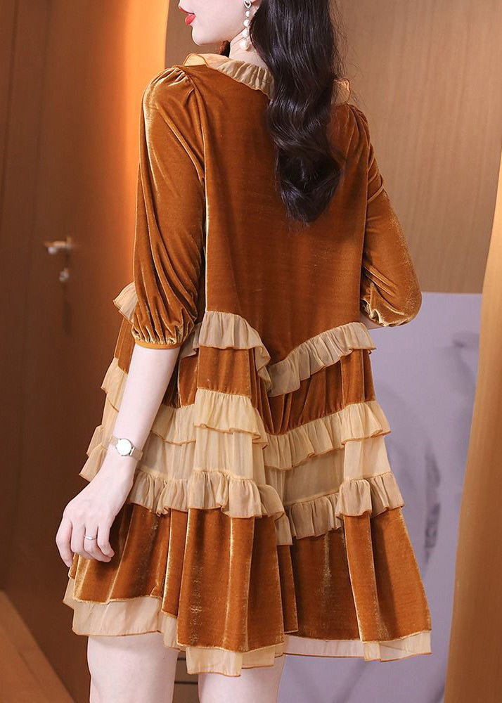 New Orange Lace Up Ruffled Velour Mid Dresses Spring