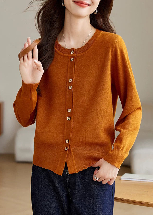 New Orange O Neck Button Cozy Wool Knit Coat Fall