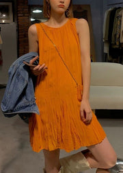 New Orange O Neck Solid Cotton Mid Dress Sleeveless