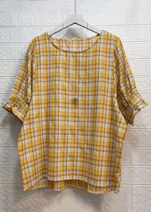 New Orange Plaid Ruffled Patchwork Cotton Shirt Tops Short Sleeve