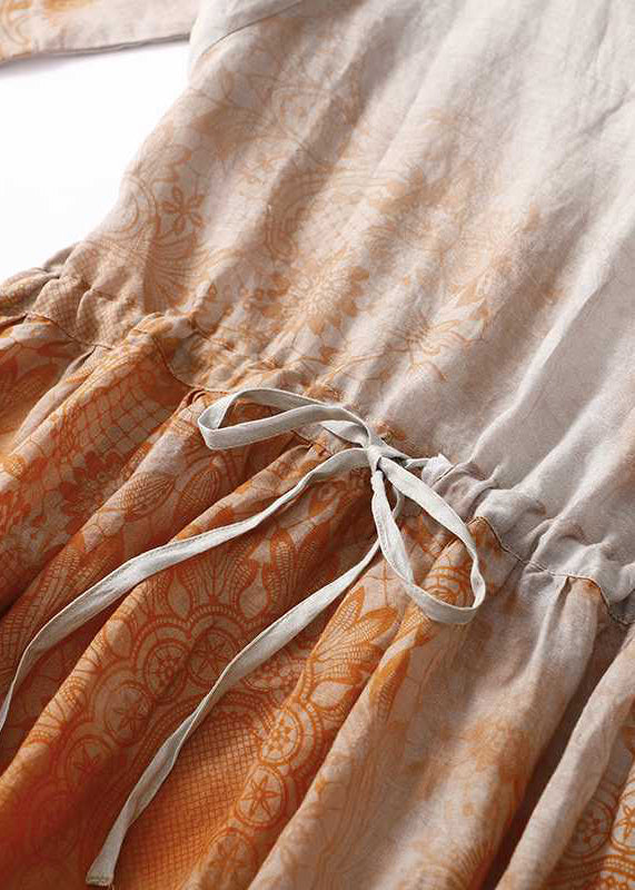 New Orange Print Lace Up Pockets Cotton Long Dress Half Sleeve