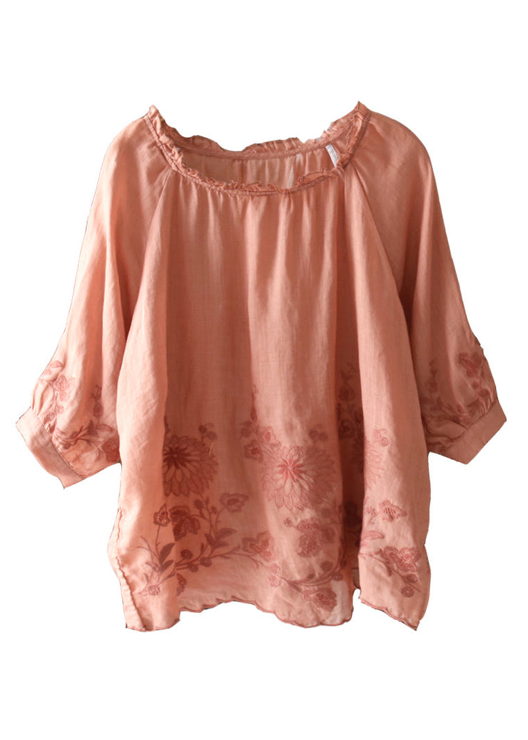 New Orange Ruffled Embroidered Linen T Shirt Half Sleeve