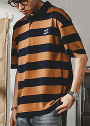 New Orange Striped Cotton Men Polo Shirt Summer