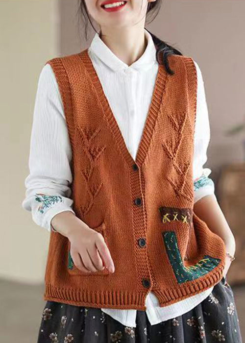 New Orange V Neck Button Pockets Cotton Knit Waistcoat Sleeveless