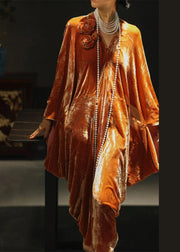 New Orange V Neck Solid Silk Velvet Dress Spring