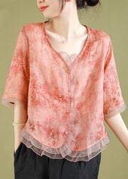 New Peach Style V Neck Button Tulle Patchwork Tops Summer