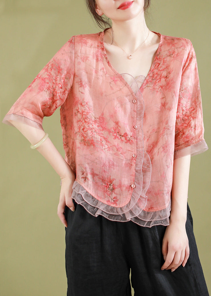 New Peach Style V Neck Button Tulle Patchwork Tops Summer