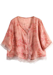 New Peach Style V Neck Button Tulle Patchwork Tops Summer