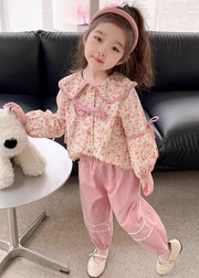 New Pink Button Print Cotton Girls Two Pieces Set Long Sleeve