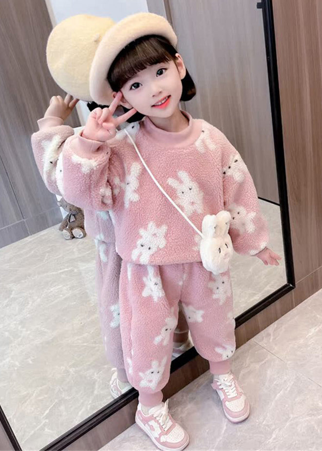 New Pink Cartoon Print Teddy Faux Fur Girls Two Pieces Set Long Sleeve