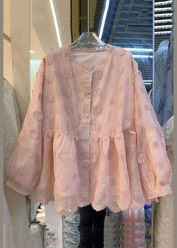 New Pink Embroidered Button Lace Shirt Spring