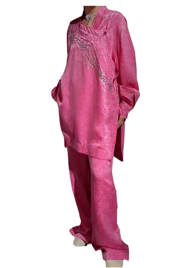 New Pink Embroidered Side Open Silk Two Piece Set Long Sleeve