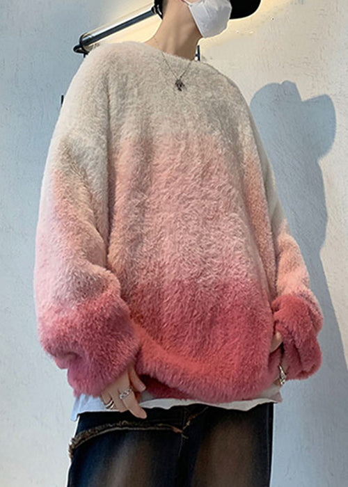 New Pink Gradient Color Thick Mink Hair Knitted Mens Sweaters Fal