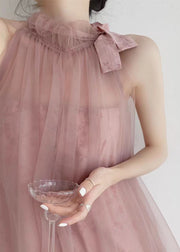 New Pink Halter Design Print Chiffon Dress Sleeveless