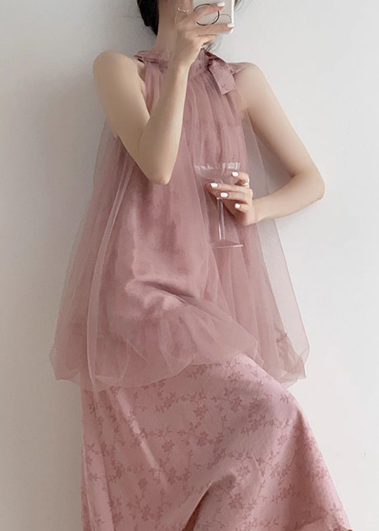 New Pink Halter Design Print Chiffon Dress Sleeveless