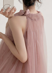 New Pink Halter Design Print Chiffon Dress Sleeveless