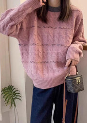 New Pink O Neck Cozy Patchwork Knit Sweaters Fall