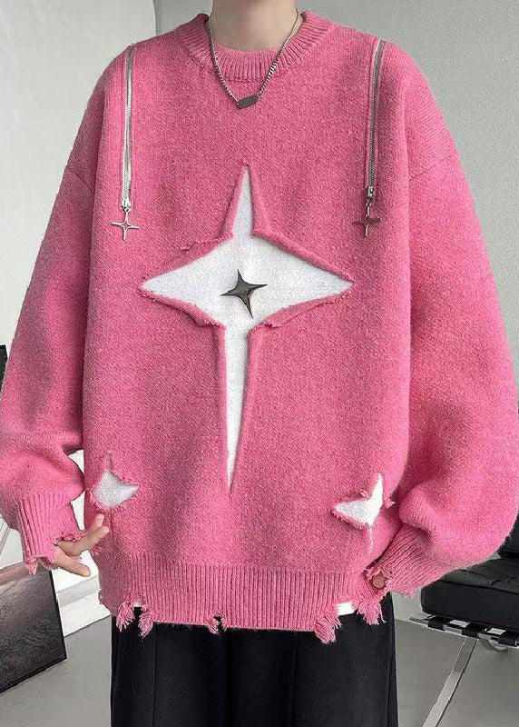 New Pink O Neck Hole Cozy Knit Men Sweater Fall