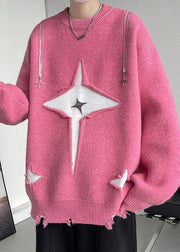 New Pink O Neck Hole Cozy Knit Men Sweater Fall