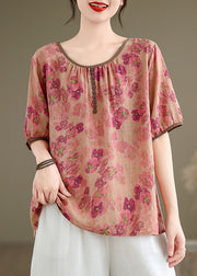 New Pink O Neck Print Button Linen Top Summer