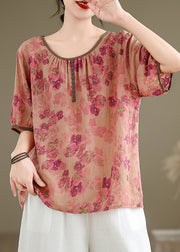 New Pink O Neck Print Button Linen Top Summer