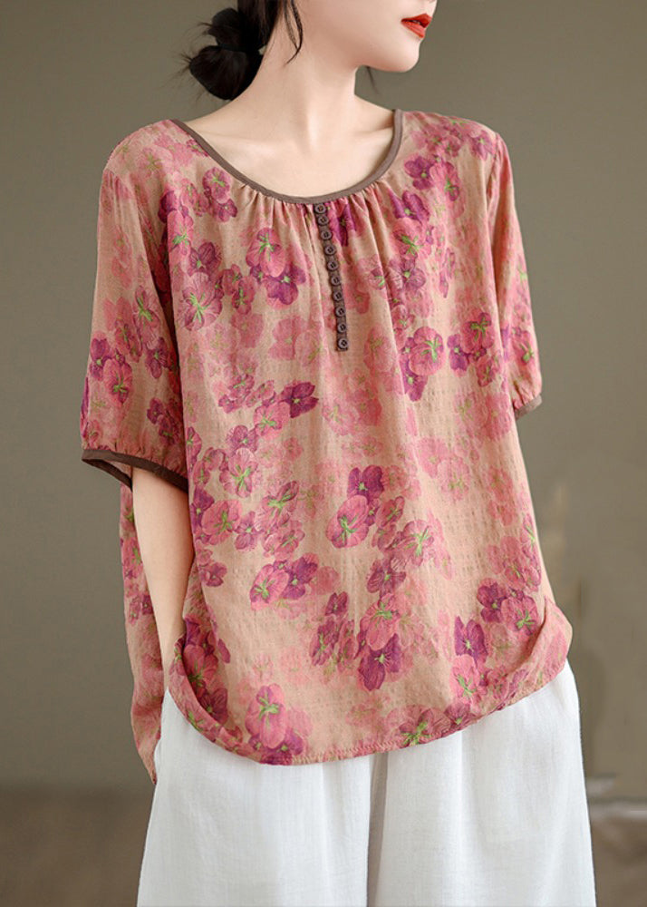 New Pink O Neck Print Button Linen Top Summer