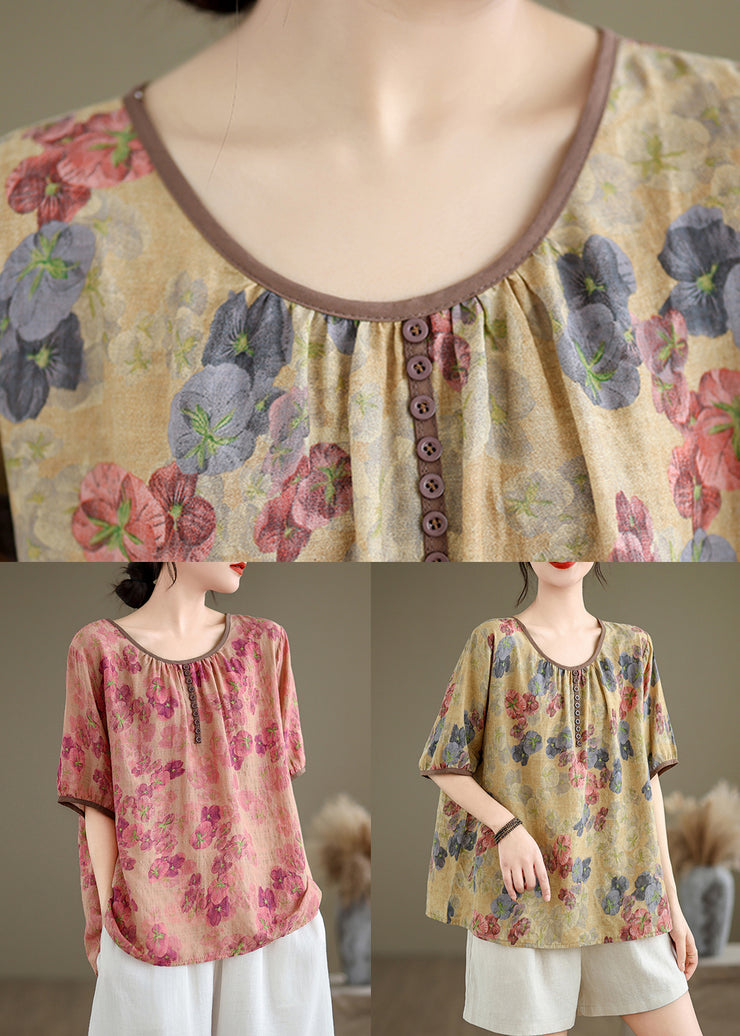 New Pink O Neck Print Button Linen Top Summer