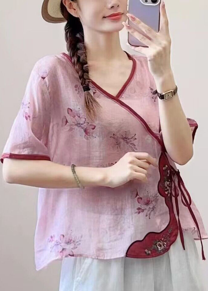 New Pink Print Lace Up Patchwork Linen Shirt Summer