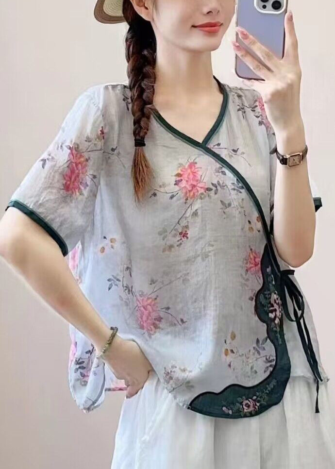 New Pink Print Lace Up Patchwork Linen Shirt Summer