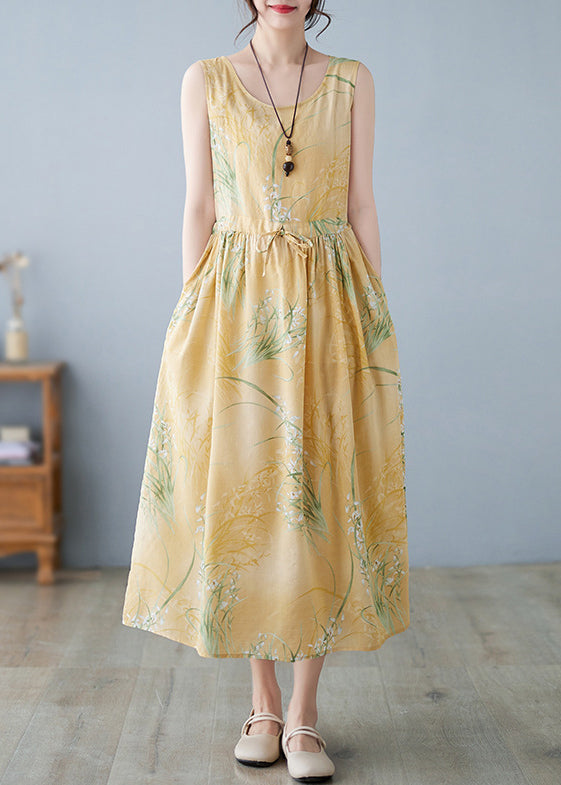 New Yellow Print Lace Up Pockets Cotton Dress Sleeveless