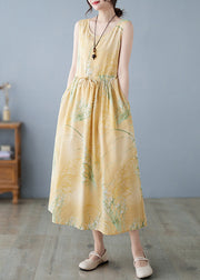 New Yellow Print Lace Up Pockets Cotton Dress Sleeveless