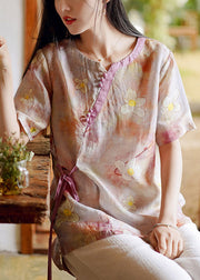 New Pink Print Low High Design Patchwork Linen Shirt Summer